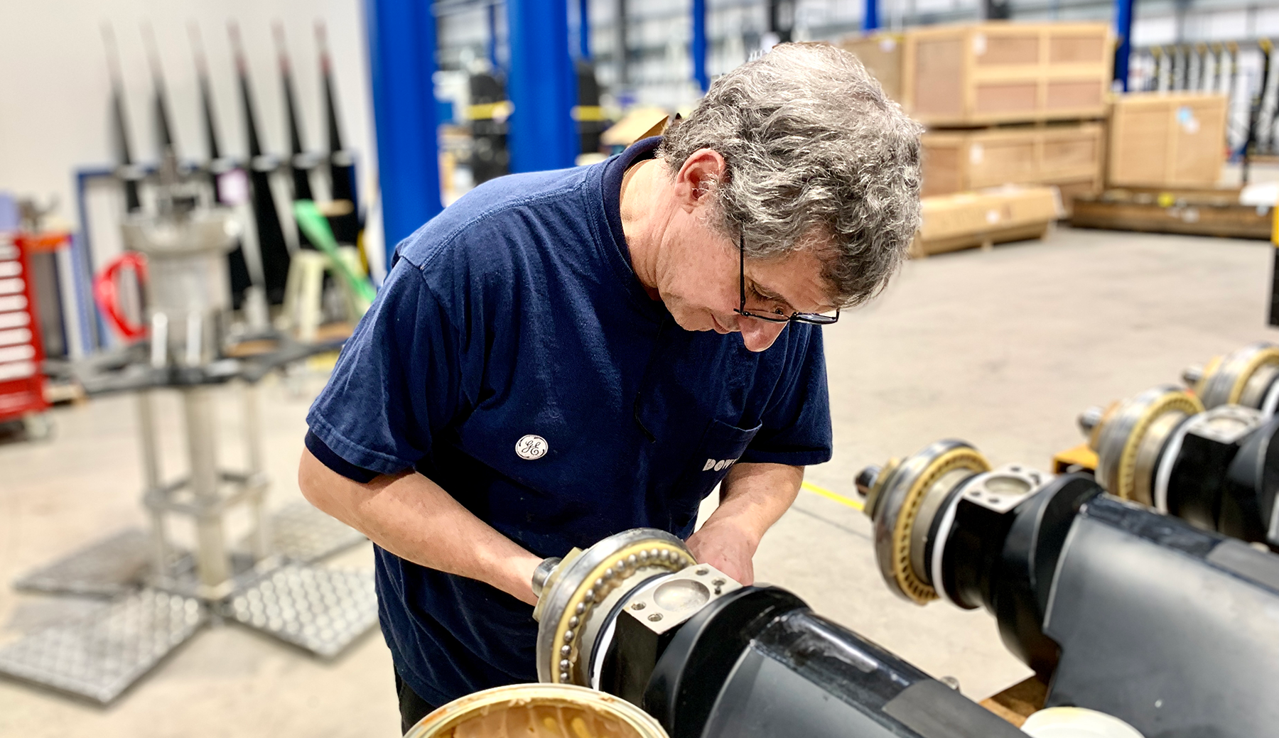Dowty employee servicing propeller